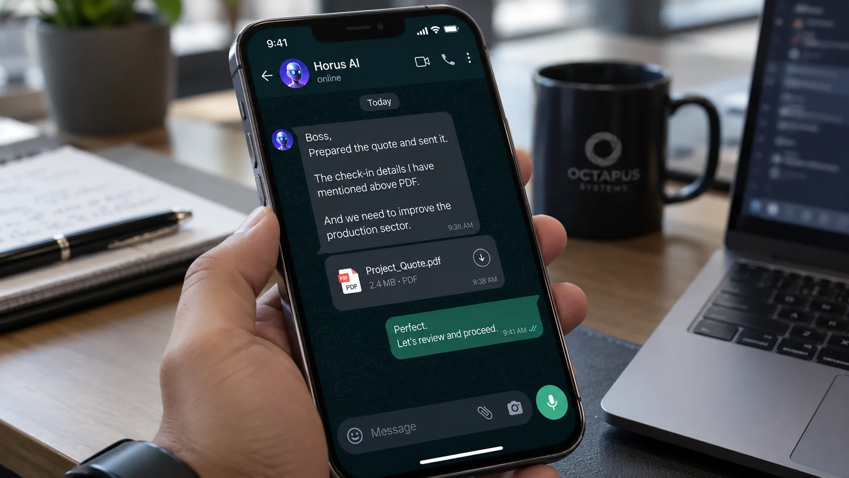Horus AI preparing and sending a business quotation through a mobile conversation